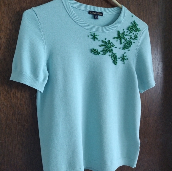 Brooks Brothers Short Sleeve Blue Green Aqua Beaded Knit Crew Neck Sweat… - Picture 11 of 15